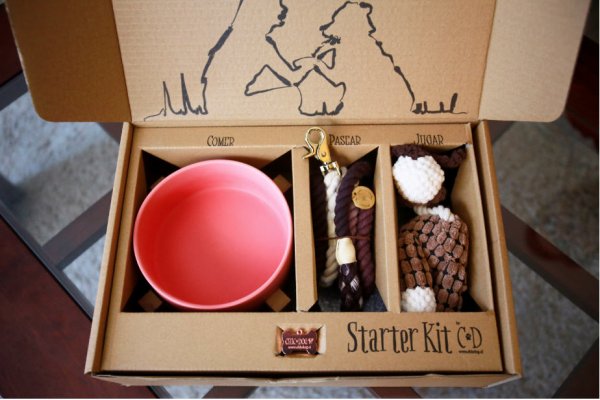 Esta caja es un formato especial que incluye un juguete, un artículo de paseo, un accesorio y una chapita de Chic Dog.